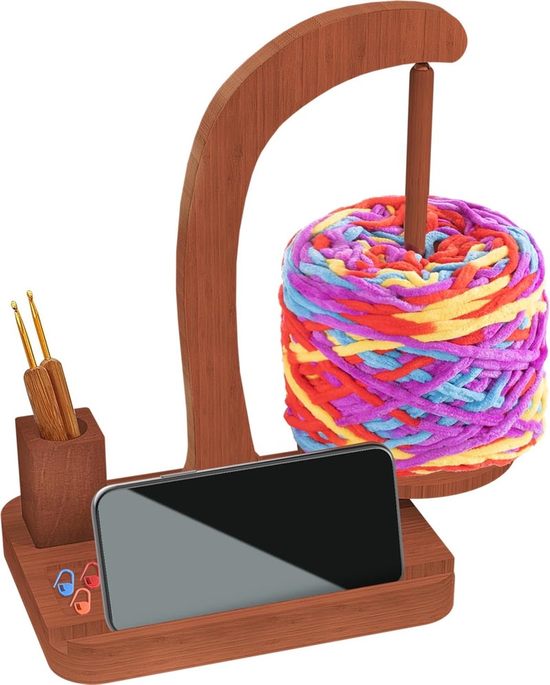 FOGWOWO Upgraded Yarn Holder for Crocheting,Wooden Crochet Yarn Holder Magnetic Rotation Yarn Spinner with Crochet Accessories Storage and Phone Stand,Yarn Ball Holder Crochet Gift for Knitting Lovers - Image 1